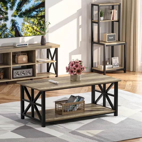 Miniatura 7 de GreenForest - Mesa de café para sala de estar con esquinas redondas, mesa central estilo granja con estante de almacenamiento de 39 pulgadas, ahorro