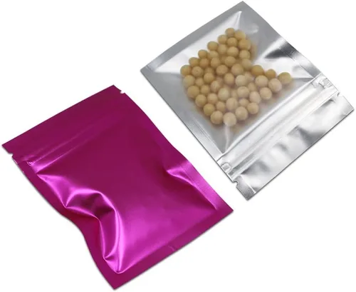 Miniatura 6 de FERENLI 100 piezas Bolsa de almacenamiento de alimentos de Mylar con cierre de cremallera, parte delantera mate de aluminio con ventana, bolsa Rosado