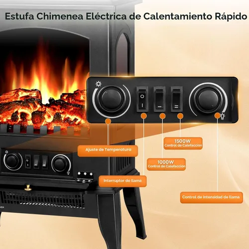 Miniatura 4 de ZAFRO Estufa de chimenea eléctrica, calentador eléctrico de calefacción rápida de 5100 BTU con brillo de llama ajustable, termostato de 1000 W/1500