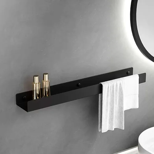 Unidad de almacenamiento de baño de acero inoxidable con gancho para toallas, estante de ducha sin taladros o perforación, organizador para Negro