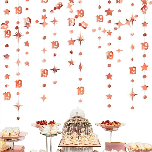 Decoraciones de cumpleaños número 19 color oro rosa con el número 19, guirnalda de estrellas y círculos, banderines, telón de fondo para niñas,