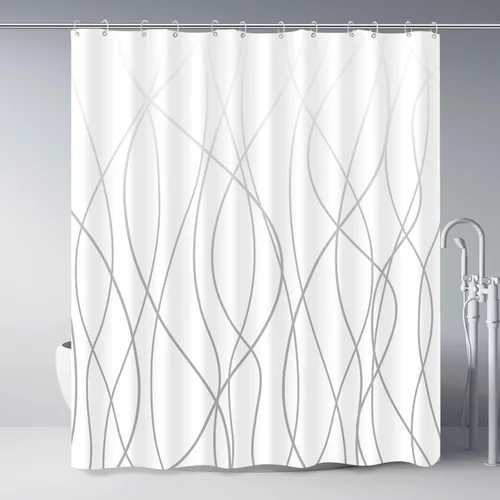 Miniatura 25 de Juego de cortinas de ducha azul egeo para baño con ganchos, cortinas de baño decorativas repelentes al agua y lavables con rayas blancas, 72 x 72