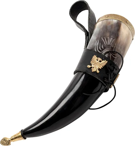 Miniatura 7 de Mythrojan Cuerno vikingo para beber 100% natural, auténtico, decoración de latón, cuerno nórdico con funda de cuero negro, bolsa de lona para vino