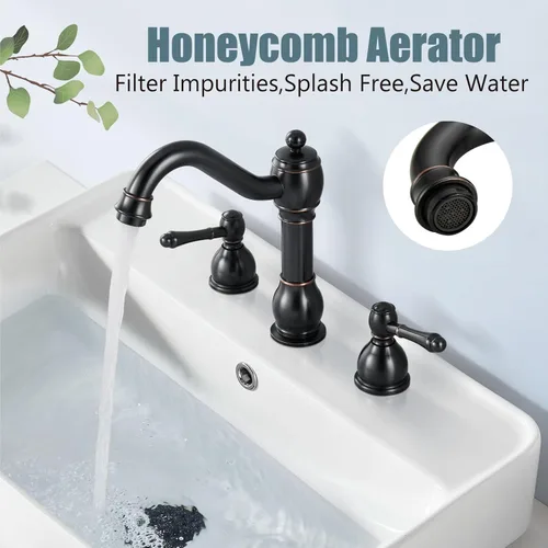 Miniatura 2 de Aolemi Grifo mezclador de lavabo de baño de 8 pulgadas, 3 agujeros, montaje en cubierta, con montaje de drenaje emergente, mango de doble palanca