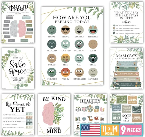 Hadley Designs 9 pósteres de salud mental para el aula, consejero escolar, oficina, decoración de oficina, terapia de salud mental, carteles de