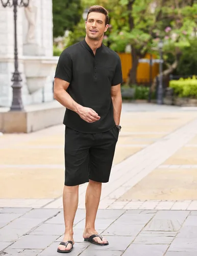 Miniatura 2 de COOFANDY Conjunto de 2 piezas de lino para hombre, camisas y pantalones cortos Henley de manga corta y pantalones cortos de verano para playa y yoga
