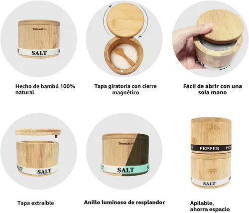 Miniatura 3 de ThougrLyh Caja de sal y pimienta de bambú con tapa giratoria y 2 cucharas, 13 onzas