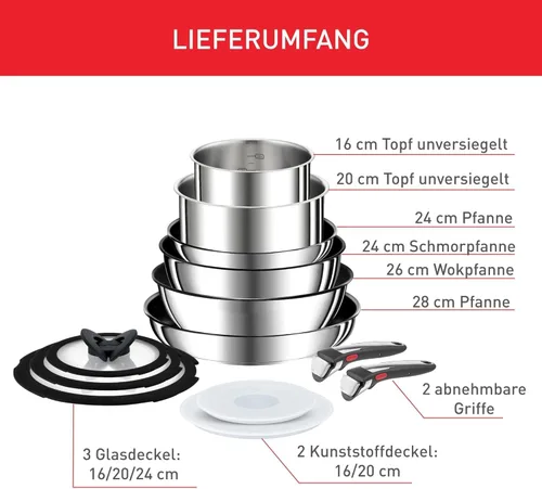 Miniatura 5 de Tefal Ingenio Preference ON - Juego de sartenes antiadherentes de inducción de 13 piezas, sartenes de 24 y 11.0 in, cacerolas de 16 y 7.9 in, wok