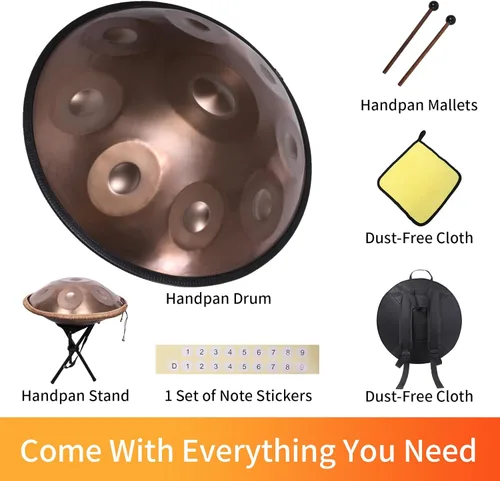 Miniatura 3 de Kurd Handpan 22" D Minor - Tambor de mano de 9 notas para rendimiento profesional, sonido de 440 Hz, incluye paño, soporte Dorado-9 Notas