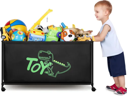 MISSLO Caja grande de juguetes con ruedas, gran baúl de juguetes para niños, organizador de juguetes, 124L, color negro