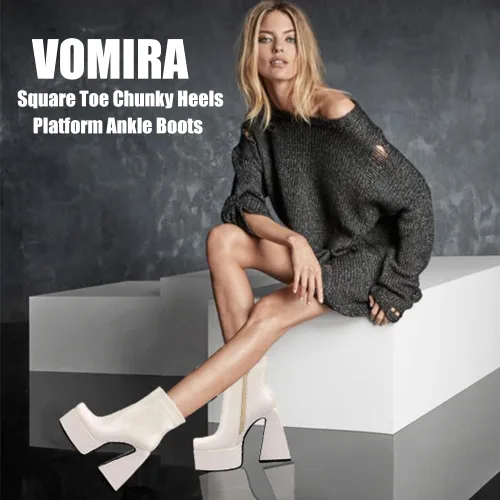 Miniatura 2 de VOMIRA Botas de plataforma para mujer punta cuadrada tacón alto con cremallera lateral punk cosplay vestido corto