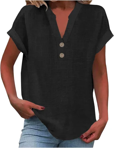 Miniatura 5 de Camisas de lino para mujer 2025 verano casual cuello en V botón abajo manga corta tops moda cómodo negocio trabajo blusas, beige (A-Beige)