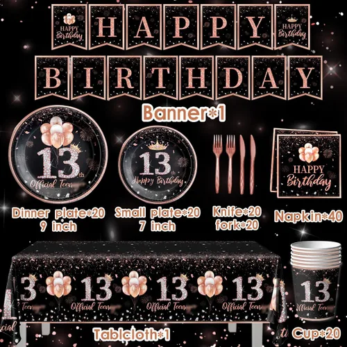 Miniatura 3 de 142 piezas de vajilla de cumpleaños de 13 años para niñas, suministros de fiesta de cumpleaños de color oro rosa para ella, mantel desechable
