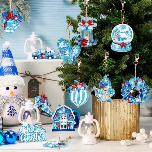 Miniatura 6 de BBTO 15 piezas de llavero de pintura de diamante de Navidad adornos de arte de diamantes de invierno muñeco de nieve, guantes de invierno