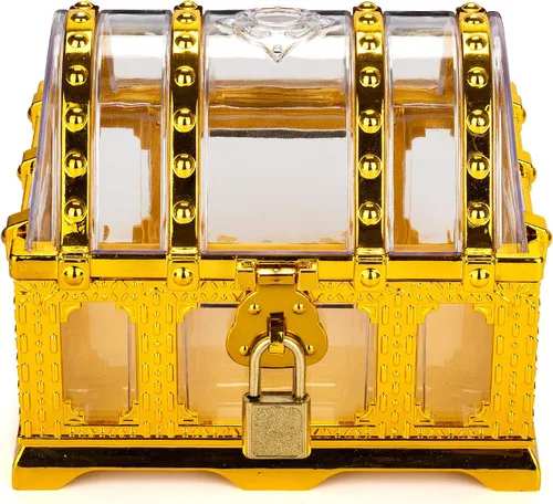 Miniatura 4 de Cofre del tesoro pirata para niños, cofre de pirata dorado transparente decorativo con cerradura y llave