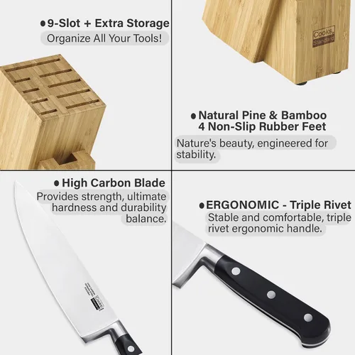 Miniatura 3 de Cooks Standard Juego de cuchillos de acero inoxidable de 6 piezas con bloque de bambú expandible para ranuras adicionales