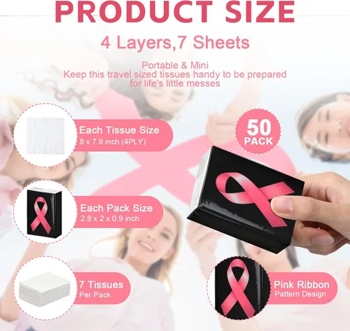 Miniatura 2 de Ireer Pañuelos faciales de viaje con cinta rosa para concientización sobre el cáncer de mama, 50 unidades, Hope Care, regalo para sobrevivientes