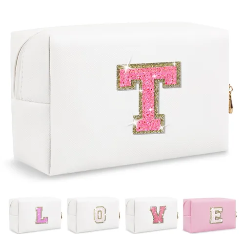 Miniatura 432 de Pequeña bolsa de maquillaje personalizada con inicial A-Z Preppy Patch, bolsa de cosméticos de viaje de felpilla blanca con cremallera, bonita bolsa