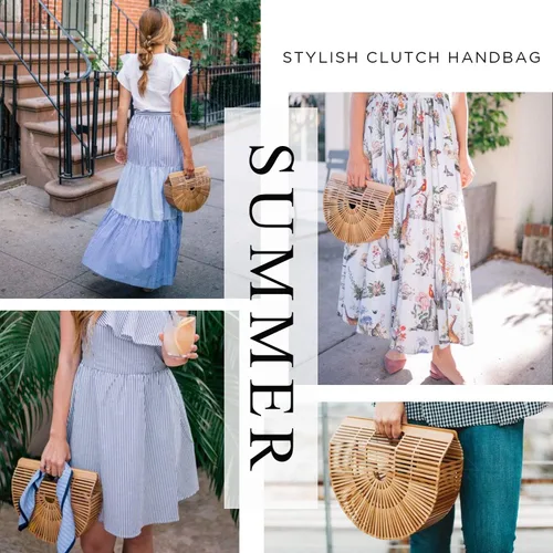 Miniatura 4 de Bolsas de bambú para mujer, bolsas de paja de verano, bolsos de playa de madera, cesta con asa