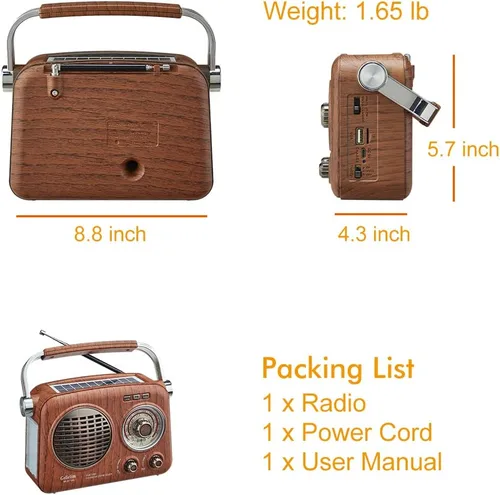 Miniatura 8 de Gelielim Radios Portátiles AM FM SW, Radio Bluetooth Vintage con Sonido Cristalino, Radio Recargable con Batería, Radio Pequeña Retro con Panel