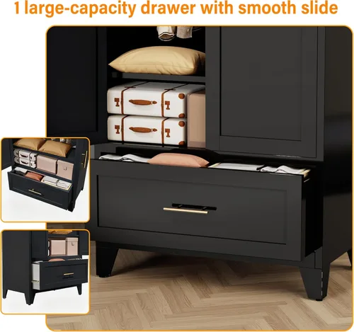 Miniatura 5 de Armario Ropero de Metal de 60" con 1 Cajón, Closet Alto Independiente Arqueado de 2 Puertas para Almacenamiento de Ropa con Estantes Ajustables