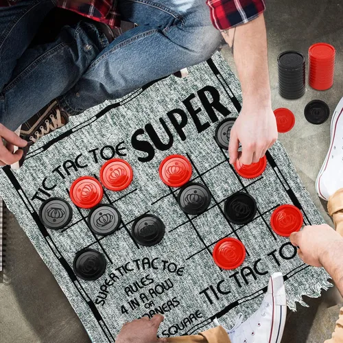 Miniatura 5 de Win SPORTS Juego de damas gigantes 3 en 1, Super Tic Tac Toe, incluye alfombra reversible con 24 damas, actividad interior y exterior para niños