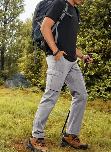 Miniatura 3 de JMIERR Pantalones cargo para hombre, casuales, de algodón, ajuste relajado, cintura elástica, ligeros, con múltiples bolsillos