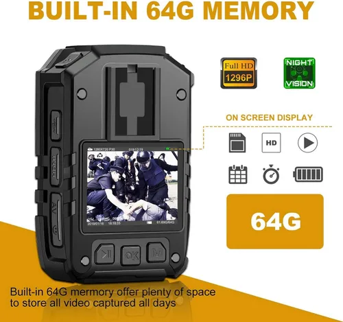 Miniatura 2 de Cámara corporal de policía HD 1296P, memoria 64G, cámara de cuerpo portátil CammPro I826 Premium, cámara corporal impermeable