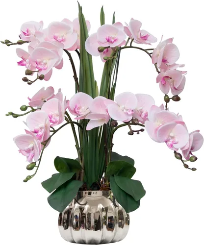 Miniatura 8 de CXGS Planta de orquídeas artificiales de tacto real, orquídeas falsas en jarrón de cerámica, naranja, 19.7 pulgadas, arreglo floral falso
