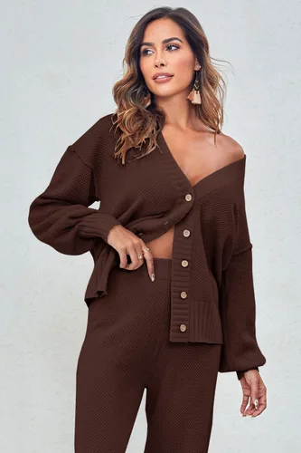 Miniatura 3 de MAOECO Conjunto de 2 piezas para mujer, suéter de punto y pantalones deportivos de cintura alta