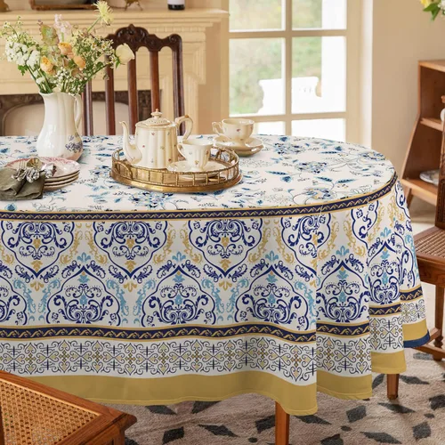 Miniatura 4 de Mantel floral impermeable, mantel de campo francés ovalado azul y amarillo, 54 x 72 pulgadas, resistente a las arrugas y lavable, perfecto