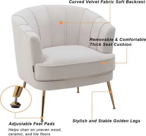 Miniatura 4 de Silla de barril moderna de terciopelo con acento, sillón con patas doradas para sala de estar, dormitorio, oficina en casa, silla de club