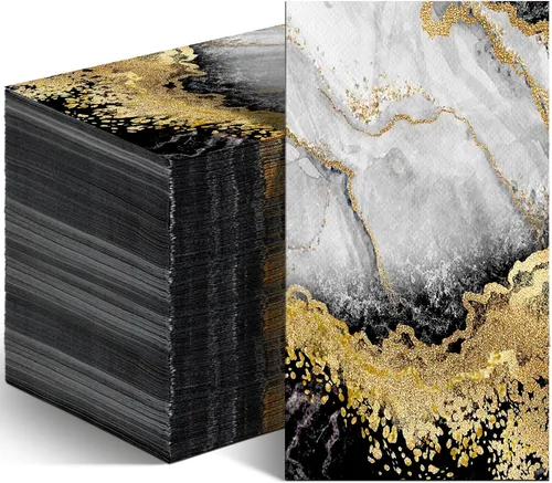 Geyoga 100 servilletas de mármol desechables de 2 capas para invitados, toallas de mano marmoleadas negras y doradas, para el hogar, baño, cocina,