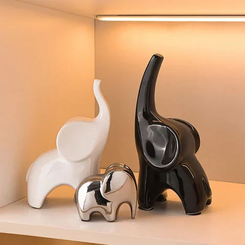 Juego de 3 estatuas de elefante, estatua moderna de decoración de cerámica, elefante de buena suerte, para estantería, sala de estar, oficina, mesa,