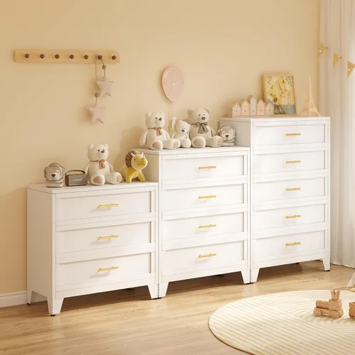 Miniatura 7 de Cómoda de Metal Alta de 53.54 Pulgadas para Dormitorio, Cómodas de Armario Blancas de 5 Cajones, Unidad Organizadora de Almacenamiento Moderna