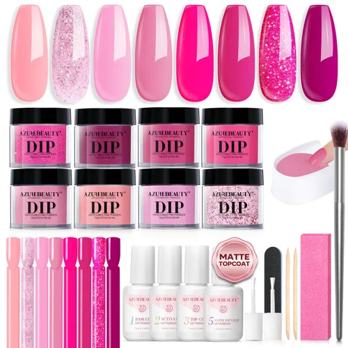 Miniatura 8 de AzureBeauty Kit de iniciación de polvo de uñas de inmersión, gris arce, verde salvia, verde oscuro, juego de 8 colores con palitos de uñas, base