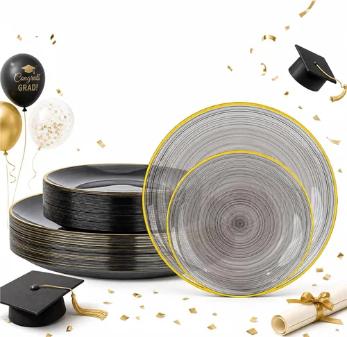 Morejoy 60 platos de plástico negro, platos desechables negros con borde dorado, placa dorada resistente, placa de diseño moderno de remolino que