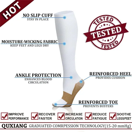 Miniatura 4 de QUXIANG - Calcetines de compresión de cobre para mujeres y hombres (8 pares), lo mejor para correr, ciclismo, atletismo, 15-20 mm Hg