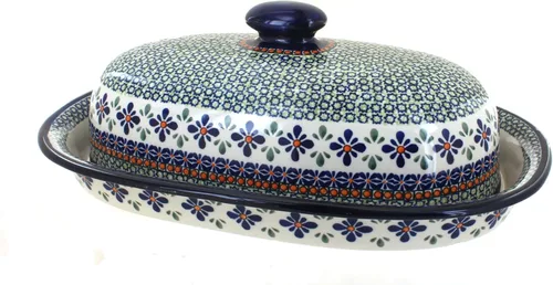Miniatura 2 de Blue Rose Polish Pottery - Recipiente de pan de pavo real con flores azules, 15 x 10 x 5 pulgadas, caja de pan de cerámica polaca con tapa
