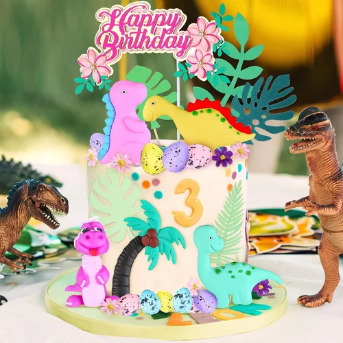 Miniatura 4 de 35 piezas de decoración de pastel de dinosaurio con hojas de macaron modelo rosa para niñas, decoración de pastel de dinosaurio para fiesta