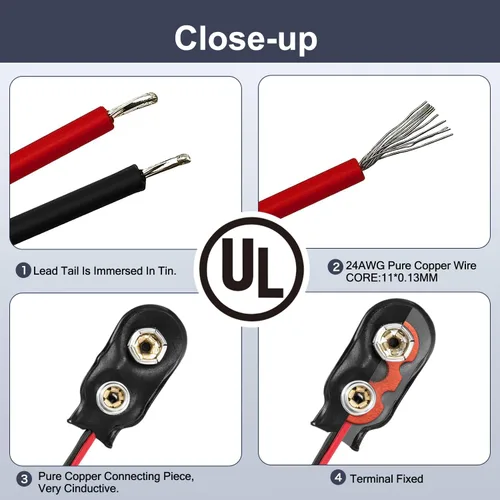 Miniatura 3 de CHANZON UL Wires 20PACK 9V batería doble conector clip UL cables tipo I Snap con carcasa de coleta cables de cuero suave cables para adaptador