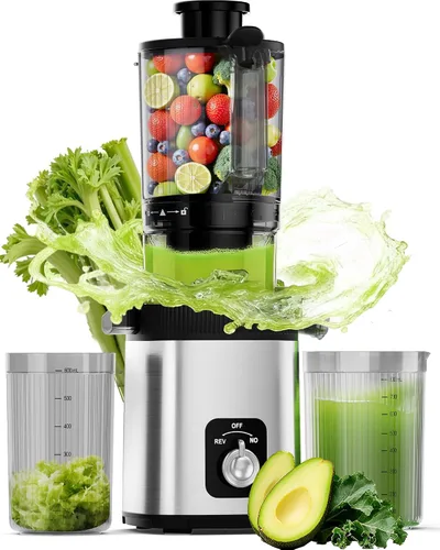 COWSAR Exprimidor de prensa en frío - Exprimidor con canal de alimentación de 4.35 pulgadas de ancho, alto rendimiento de jugo para frutas y