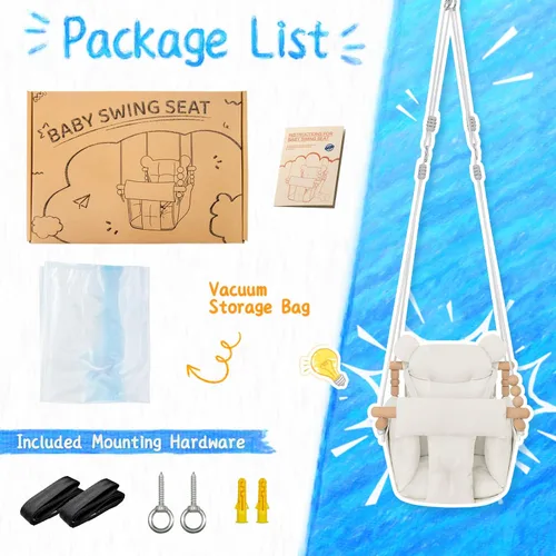 Miniatura 5 de Columpio para bebé para interiores y exteriores, asiento de columpio de lona y madera seguro para niños pequeños, arnés de seguridad ajustable de 3