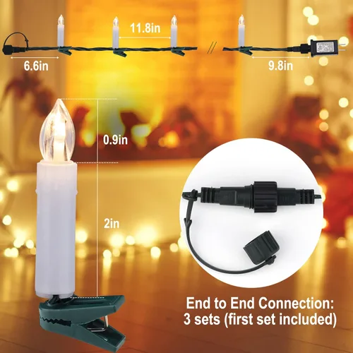 Miniatura 6 de Minetom Tira de luces de vela de Navidad, 48 pies, 50 luces LED para interiores y exteriores, luces de vela sin llama conectables con clips