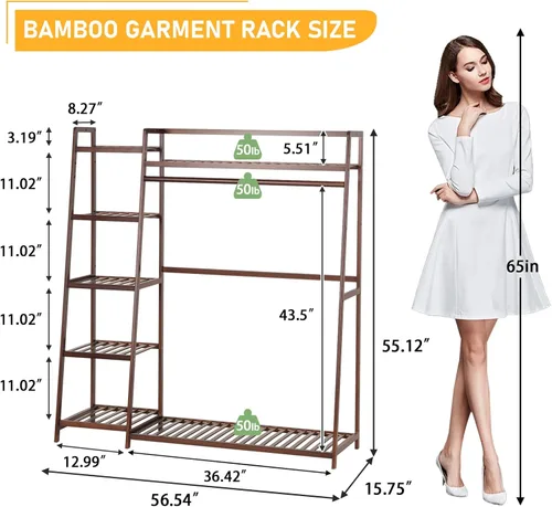 Miniatura 2 de Baveke Perchero de bambú para ropa de 7 niveles, estante de almacenamiento para colgar ropa, organizador de armario portátil con estante superior