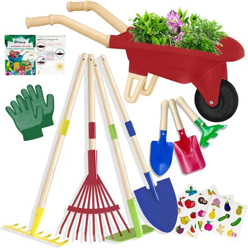 Miniatura 9 de Qtioucp - Juego de herramientas de jardinería para niños, juguetes al aire libre, juego de patio trasero con carretilla, juguetes educativos STEM