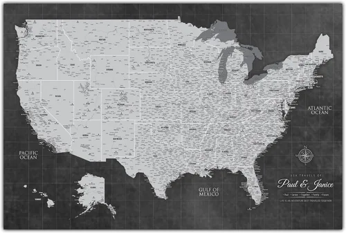 HolyCowCanvas Mapa personalizado de lona gris de Estados Unidos con alfileres, 3 tamaños, marca viajes, mapa de alfileres de empuje Estados Unidos,