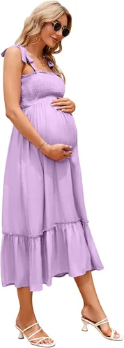 Coolmee Vestido bohemio de maternidad fruncido para verano, casual, tirantes delgados, con volantes, sin mangas, con vuelo, para baby shower, sesión