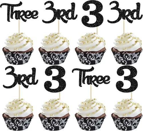 Miniatura 19 de 24 piezas de adornos para cupcakes de tercer cumpleaños, adornos para cupcakes de tercer cumpleaños con purpurina, tres adornos para cupcakes