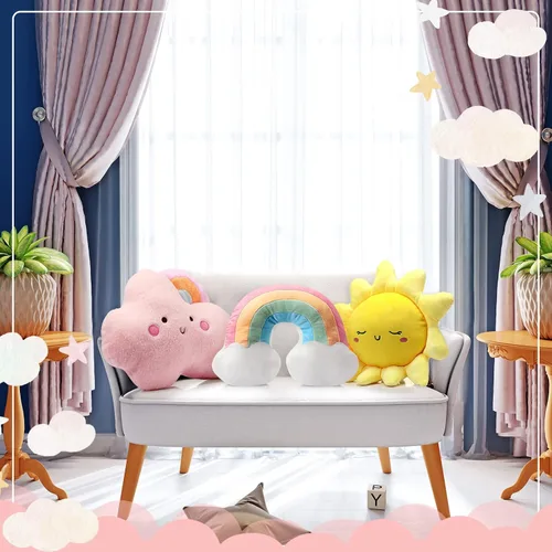 Miniatura 5 de Queekay Juego de 3 cojines de felpa suave para niños, luna y estrella, almohada de felpa suave para guardería, bonita almohada para habitación
